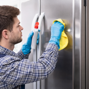 College Products professional cleaning a rental refrigerator